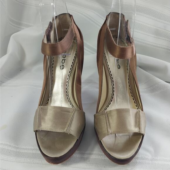 BEBE! ESPRESSO BROWN SATIN HEEL, TAN/GOLD LEATHER PEEP TOE PLATFORM HEELS! SZ 6M - Picture 2 of 8